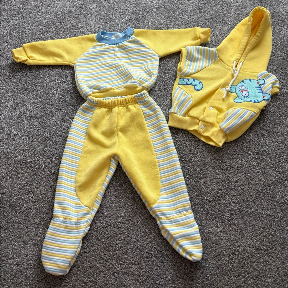 Vintage Yellow and Blue Footie outfit  with Striped Accents
